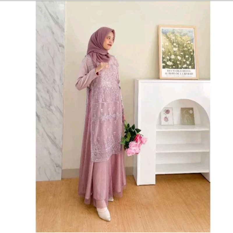Outer Gamis Wanita Brukat Tille Mutiara Tanpa Lengan Cardigan Brukat Kekinian Outerwear Kardigan Mus