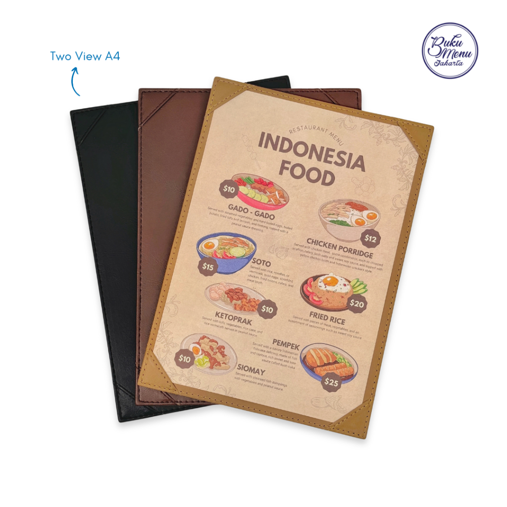 

Buku Menu cover kulit cafe series model two view (bolak balik) ukuran A4 - Restoran Hotel Cafe