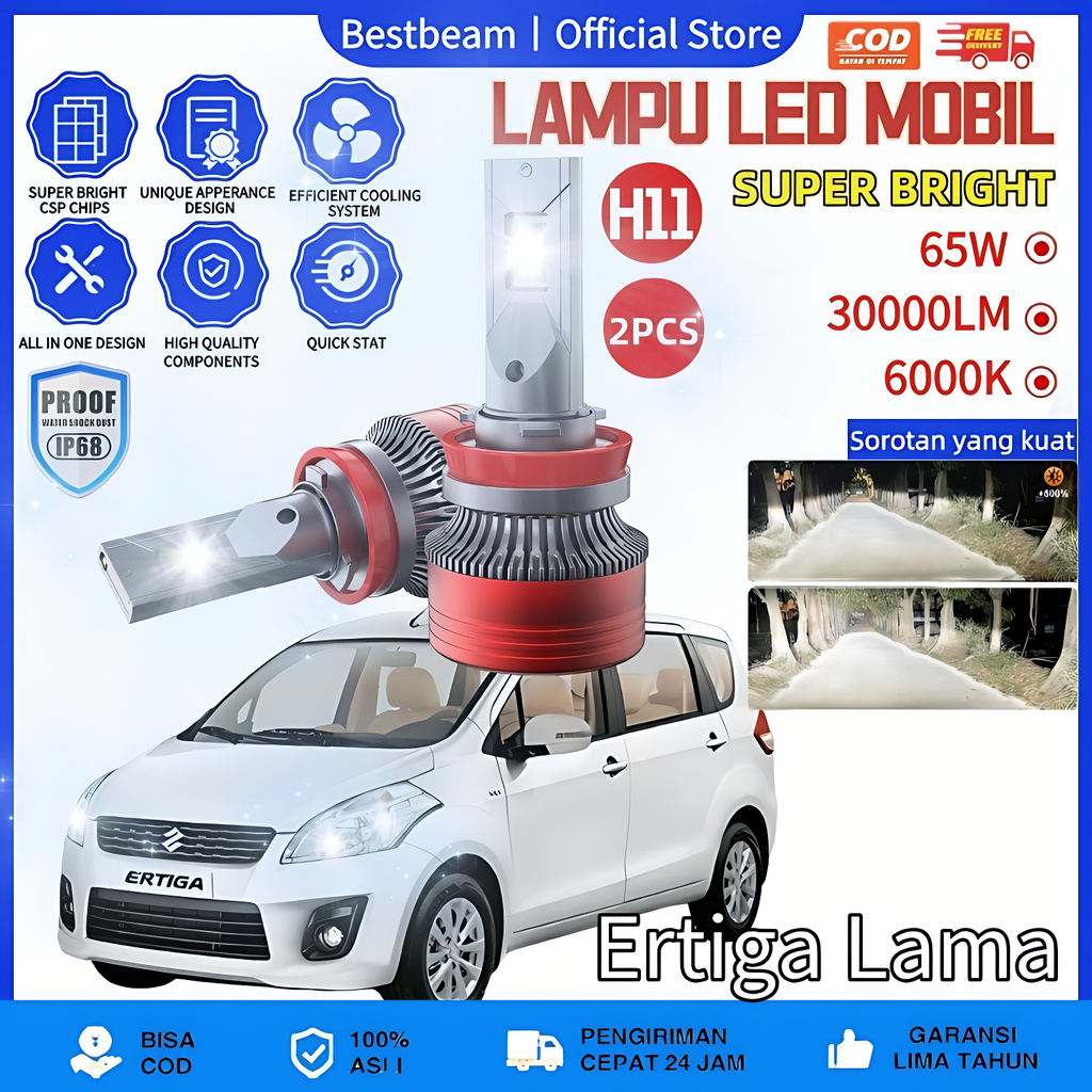 [Ertiga Lama] LAMPU LED MOBIL H4 H11 H1 H7 9005 9006 9012 65 WATT 30000LM 6000K SEPASANG