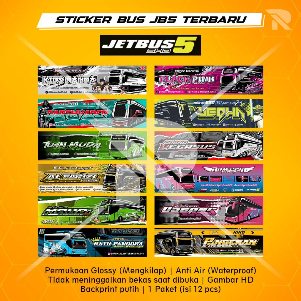

Stiker Basuri | Stiker Bus Jetbus 5 Terbaru isi 12 pcs | Sticker Bus Alfarizi | Setiker bus/stiker bis JETBUS 5 | stiker bus basuri JB5