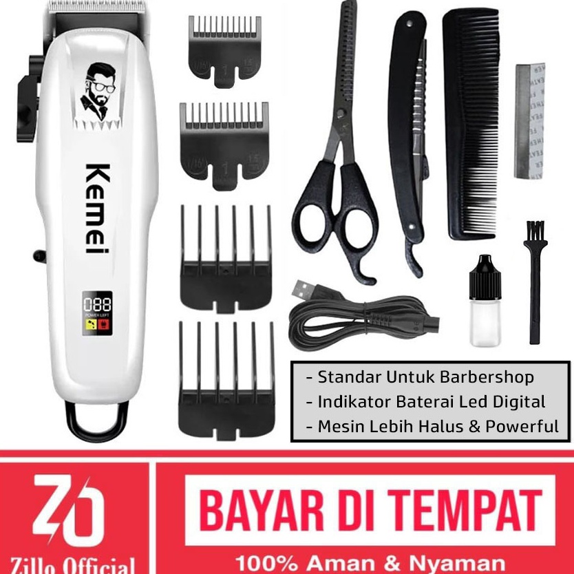 Terbagus ZILLO Mesin Cukur Rambut Cas Profesional Paket Barbershop KEMEI KMPG89A Indikator Baterai L