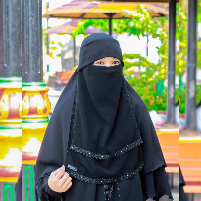 Cadar Niqab Poni 2 Lapis layer Shiffon Renda Premium by balqis collection