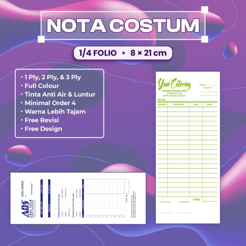 

Cetak Nota Custom Ukuran 1/4 2ply Folio Full Colour Free Desain