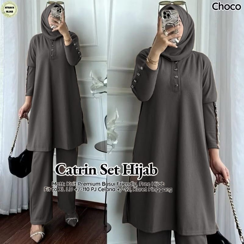 3IN1 SETELAN + HIJAB  CATRIN SET HIJAB KNIT FIT TO XL // SETELAN POLOS TUNIK // ONE SET TUNIK WANITA