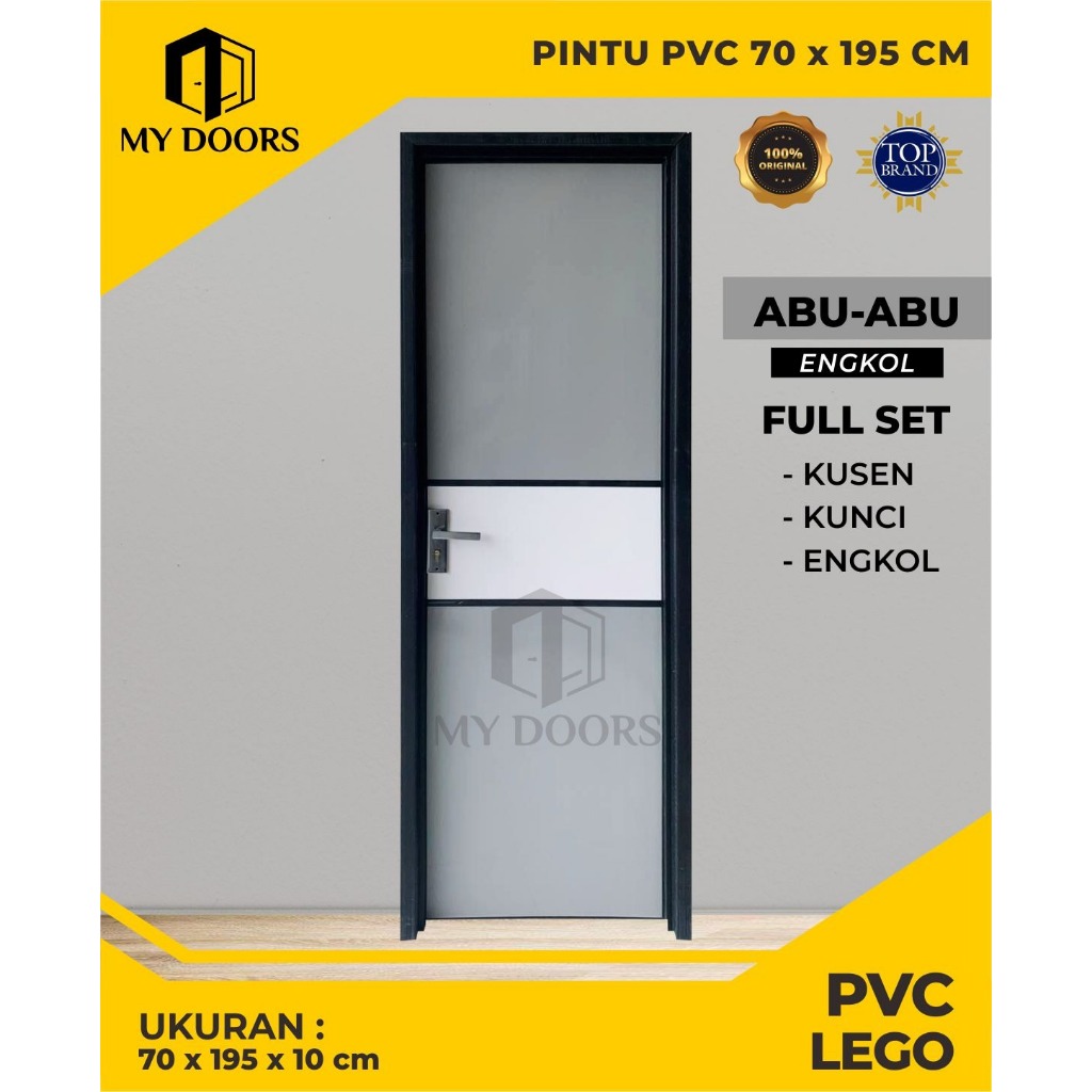 PINTU KAMAR MANDI PVC BAHAN TEBAL KOMBINASI WARNA ABU PUTIH DENGAN HANDLE KUNCI ENGKOL STAINLESS