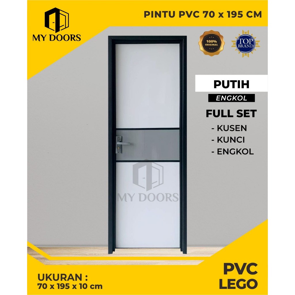 ZA. Pintu Kamar Mandi / Kamar Tidur PVC Bahan Tebal Lego List Abu Putih Dengan Handle Kunci Engkol