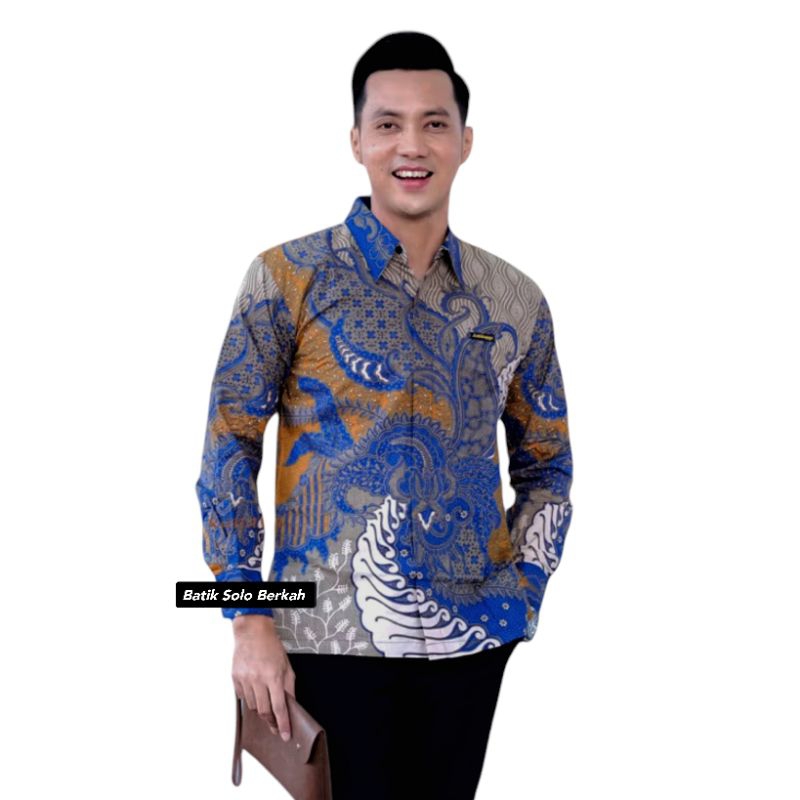 OPO BIRU Baju Batik Pria Lapis FURING Bahan Katun PRIMISIMA Hem Atasan Baju Kemeja Batik Pria Lengan