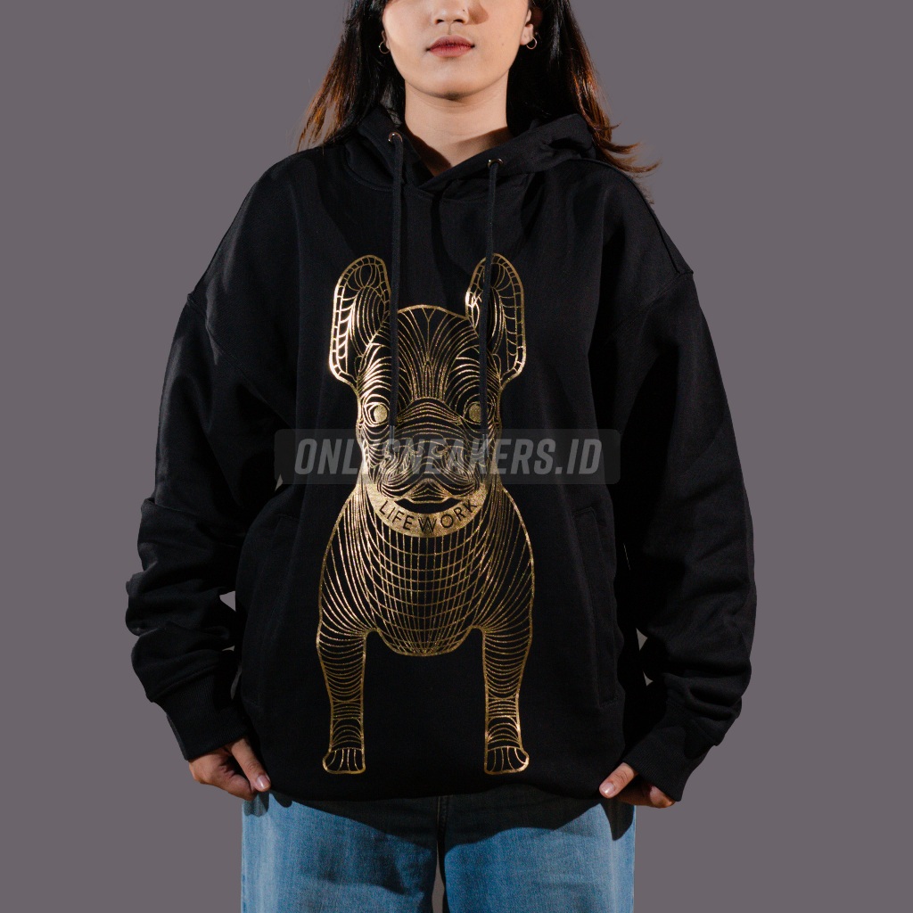 LIFEWORK KOREA PATENT GOLD BIG RADOG HOODIE BLACK