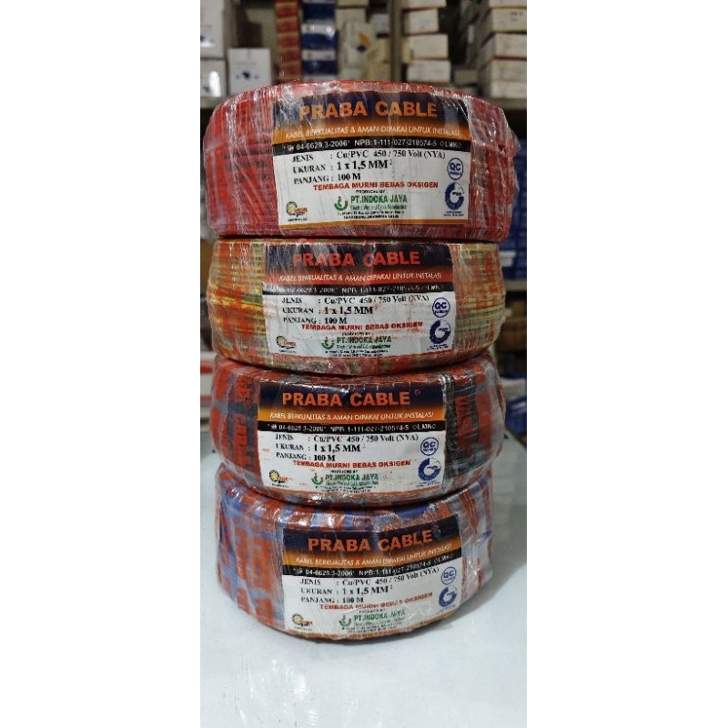 kabel praba listrik NYA tebal 1x1,5 mm praba tunggal 100 meter (merah. hitam. kuning. biru)
