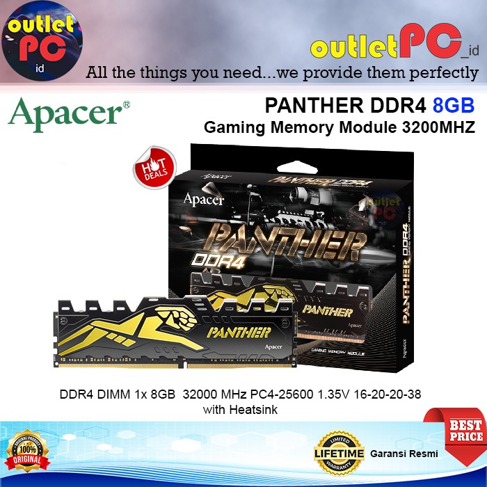 APACER RAM PANTHER DDR4 8GB Single 3200Mhz PC4-25600 8G 8 GB D4 HS Memory Heatsink