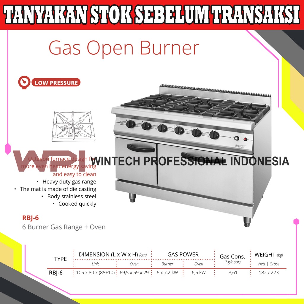Getra RBJ-6 Gas Open Burner With Oven - Kompor Komersial 6 Burner + Oven Low Pressure Body Stainless