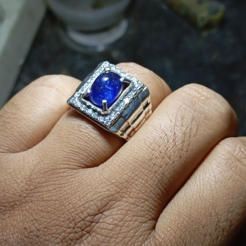 Natural Blue Safir Corundum Tanzania Ring Perak 925