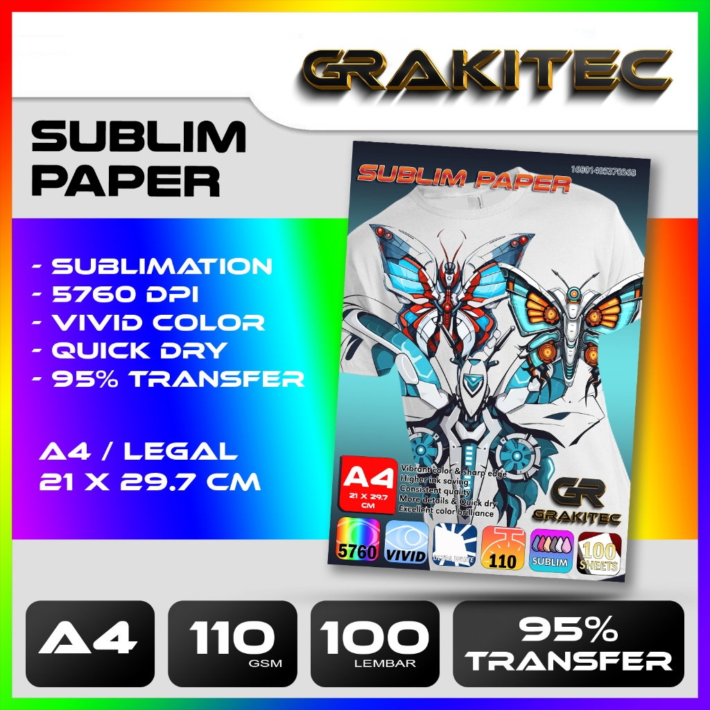 

Grakitec Kertas Sablon Sublim Transfer Paper isi 100 Lembar A4 / LEGAL F4+ / A3 110 Gsm - Sublim Paper SBY