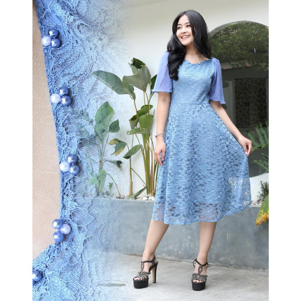 Dress Brokat Natal Wanita Remaja Warna Denim Gaun Wanita Pesta Natal