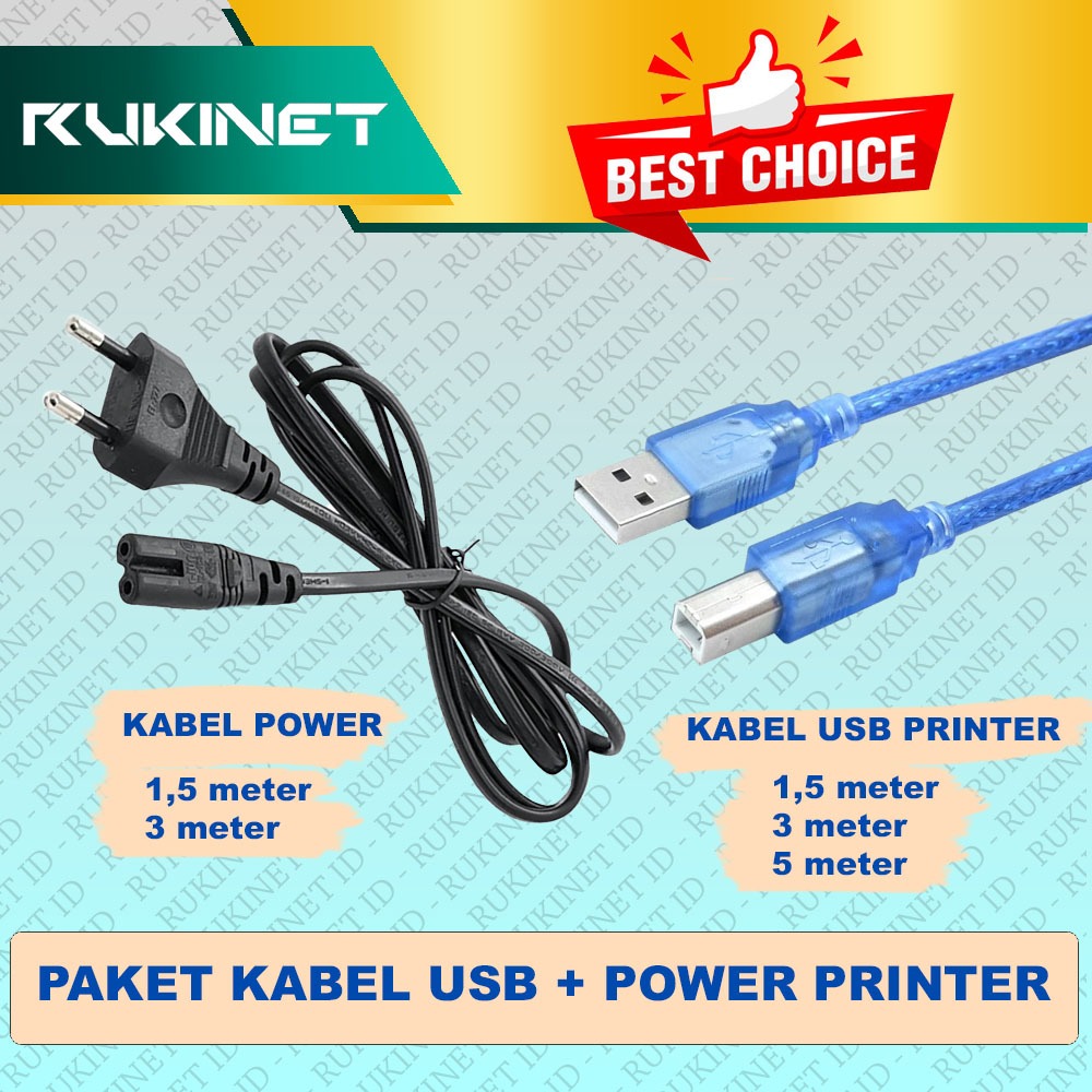 PAKET Kabel USB Printer Biru Transparant + Kabel Power Untuk laptop, komputer, PC