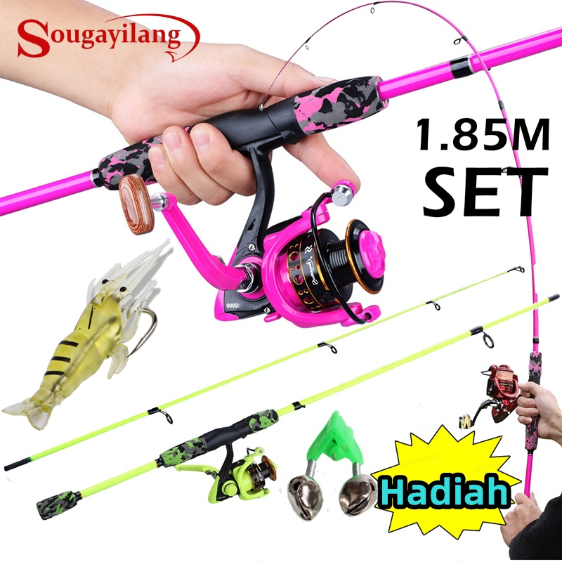 Set Joran Pancing 1,8m 2 Bagian dengan Reel Spinning 12+1BB 5.0:1 Lengkap dengan Senar dan Kail