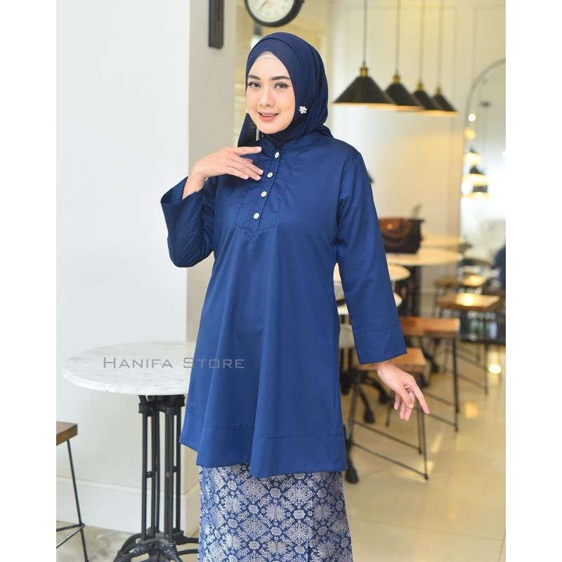 tunik biru Dongker toyobo fodu premium wanita kancing depan motif polos