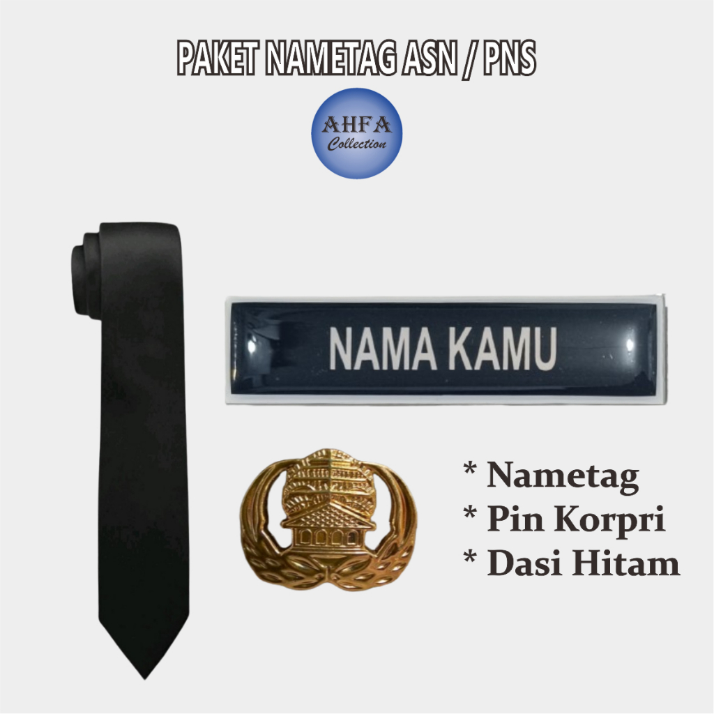 

Paket Hemat Nametag ASN papan nama dada akrilik Lencana Korpri Kuningan peniti / magnet (Dasi Hitam, Nametag & Pin Korpri)