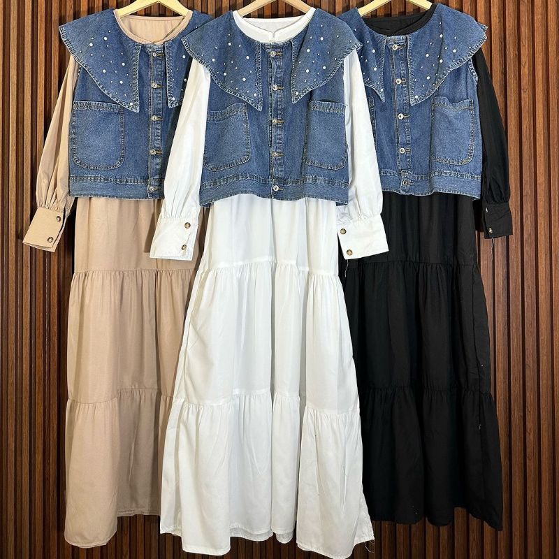 VIRAL Pakaian Muslim Wanita pesta Mewah Lavanya Dres+Rompi Terpisah Mat Crincle Mix Jeans Terlaris