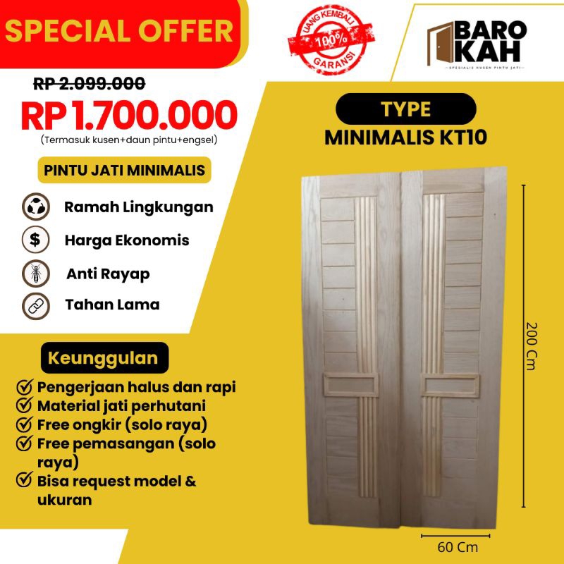 Pintu kupu tarung Kusen+Pintu Tinggal pasang TYPE Minimalis KT10 || 120×200 Cm