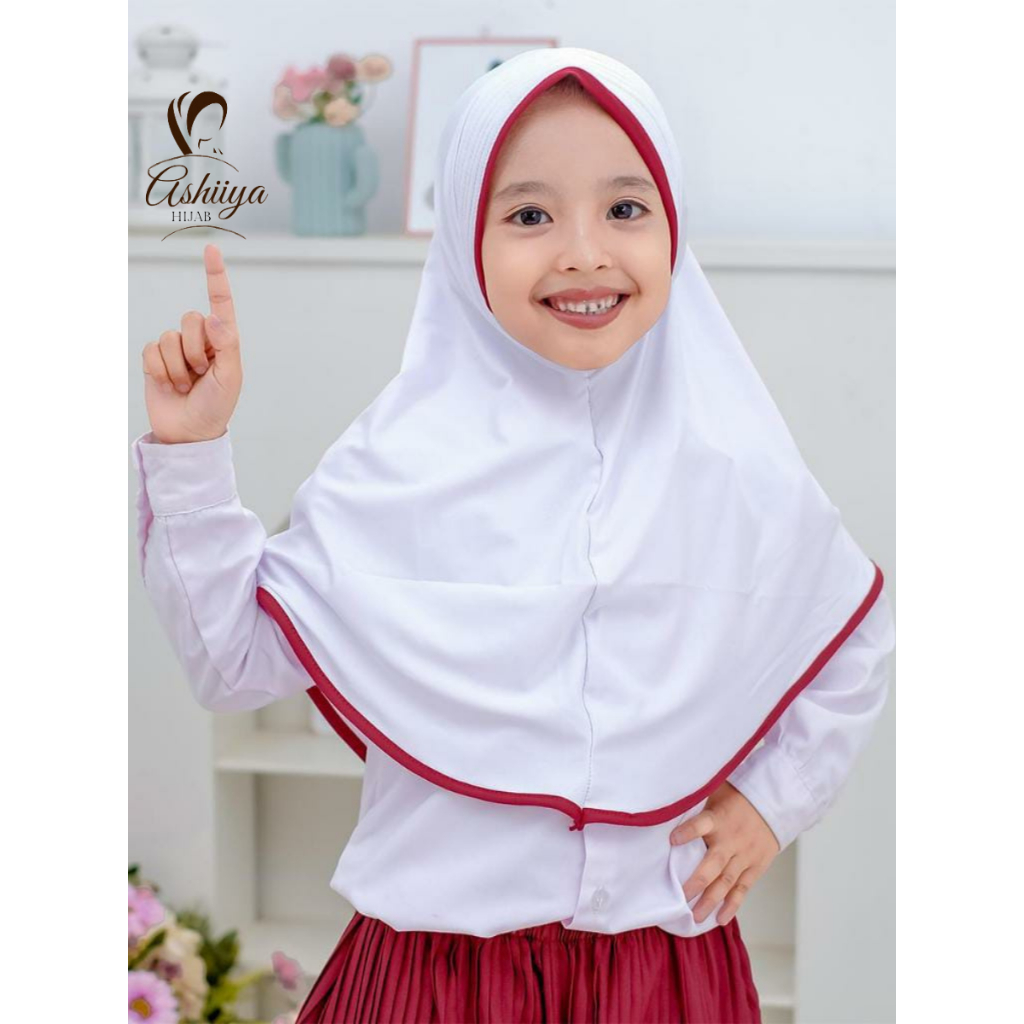 Kerudung Anak sd perempuan Jilbab Instan Anak Sekolah Putih list merah