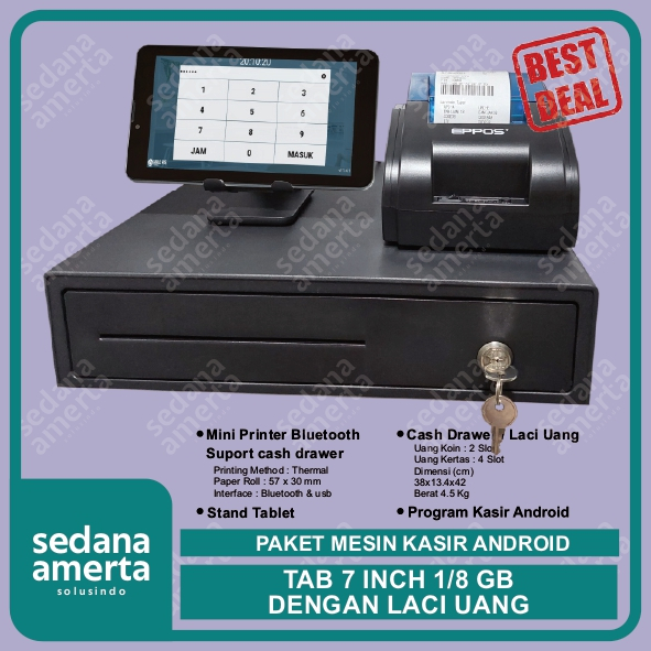 Paket Mesin Kasir Android POS Tablet/Tab 7 Inch 1/8GB - PAKET LENGKAP : Tab, Laci Uang/Cash drawer &