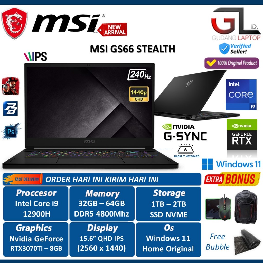 Laptop Gaming MSi GS66 Stealth Intel i9 12900H 32GB 2TB RTX3070Ti 8GB 15.6 QHD IPS 240Hz W11 - BLACK