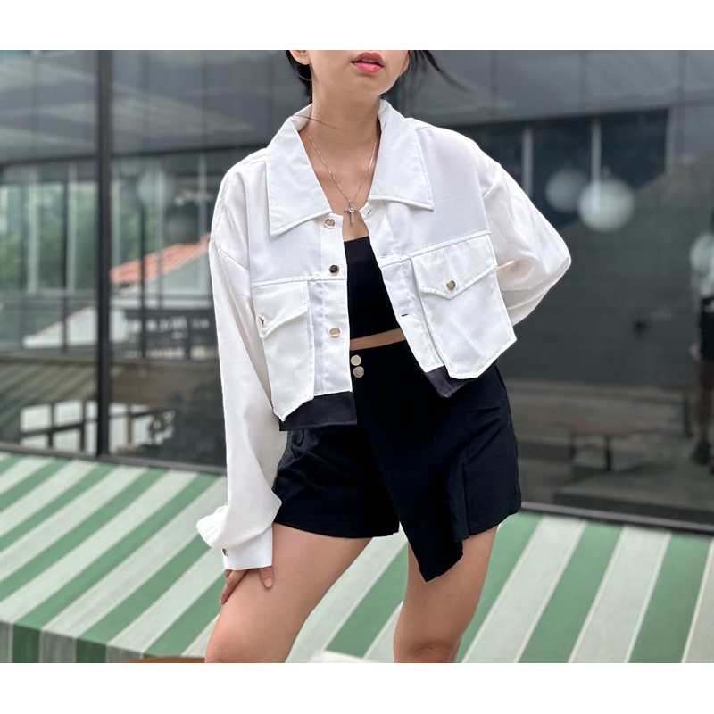 [A-021] NINE9 Two Tone LongSlevees Top - Zea Top - Kemeja Crop Two Tone