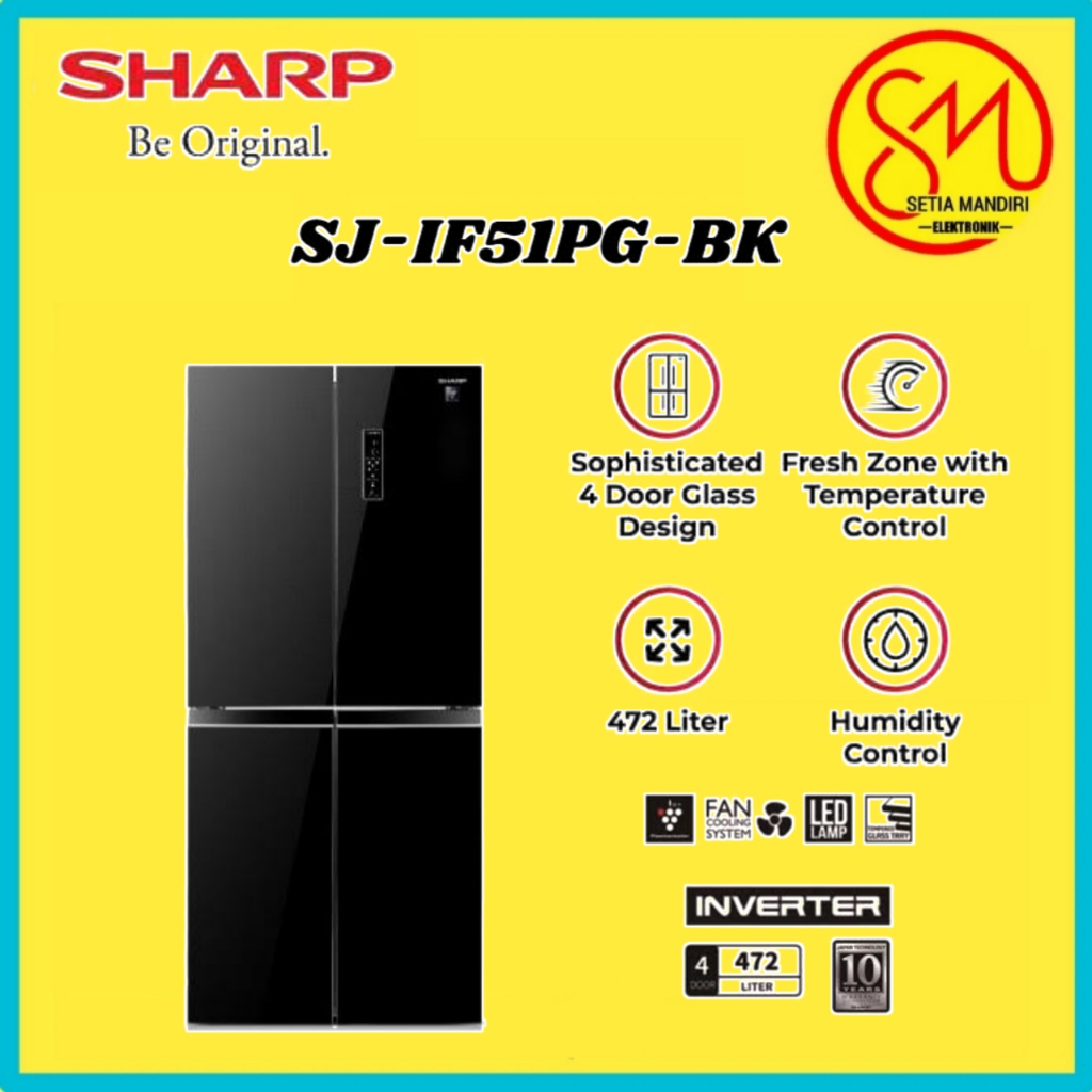 SHARP Kulkas 4 Pintu SJ-IF51PG-BK / SJIF51PGBK / SJIF 51PGBK inverter glass door