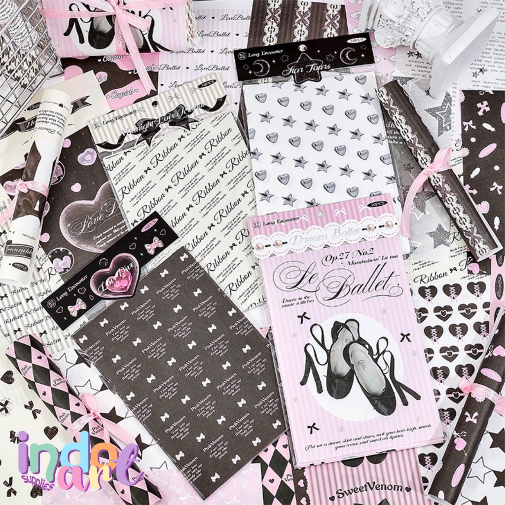 

(IAS) B9 - Material Paper Journal Scrapbook Monochrome Black Pink Star Love Ribbon Ballet Style isi 30 sheets