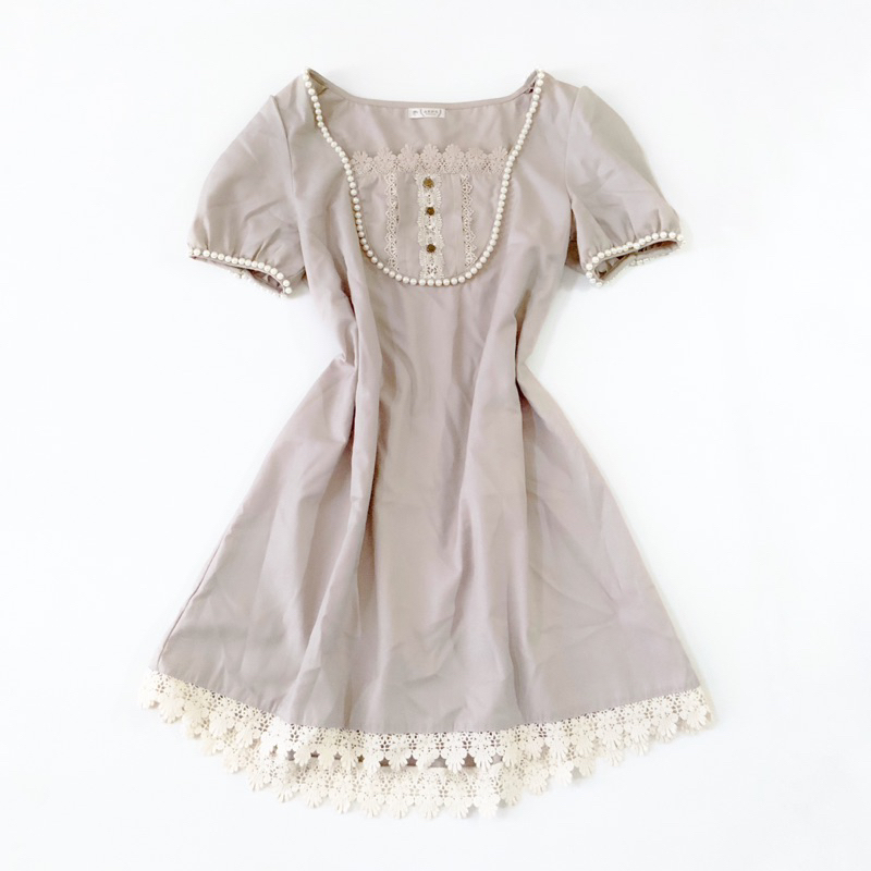 Axes Femme Elysée de la Lune Puff Sleeve Gray Tunic Dress With Lace & Faux Pearl Detail Gaun Atasan 