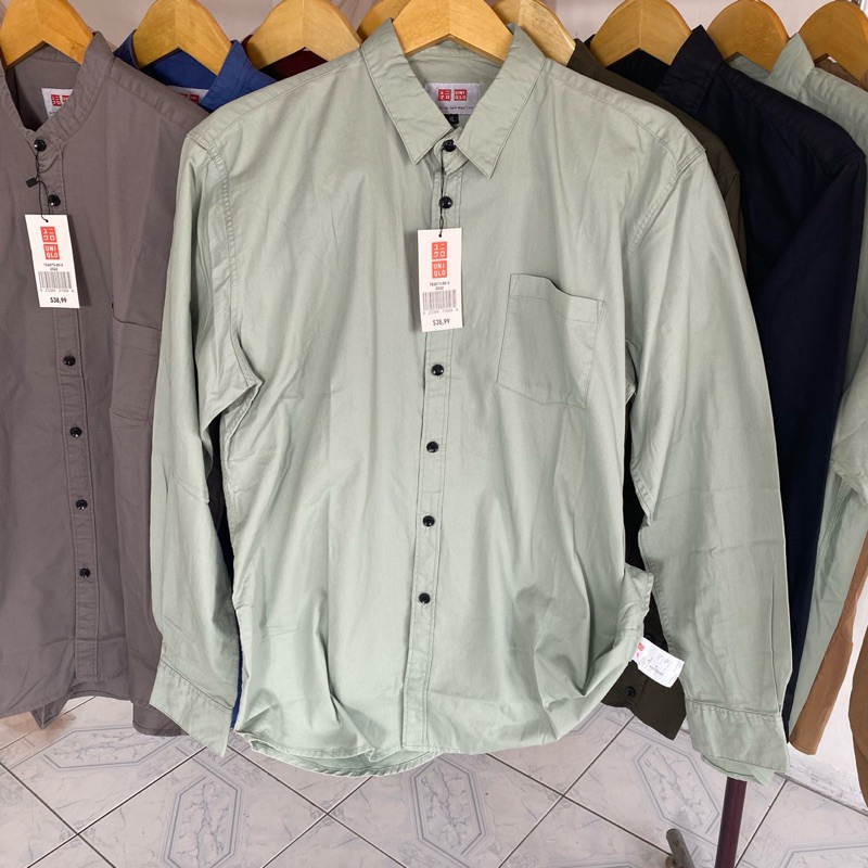 UNIQLO AIRism Kemeja Warna Sage Lengan Panjang Casual Formal laki-laki Pria Bahan Katun Premium