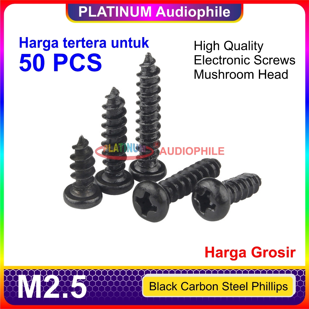 Sekrup Hitam M2.5 Speaker Elektronik Baut Skrup kasar lancip tajam Carbon Steel 50 pcs