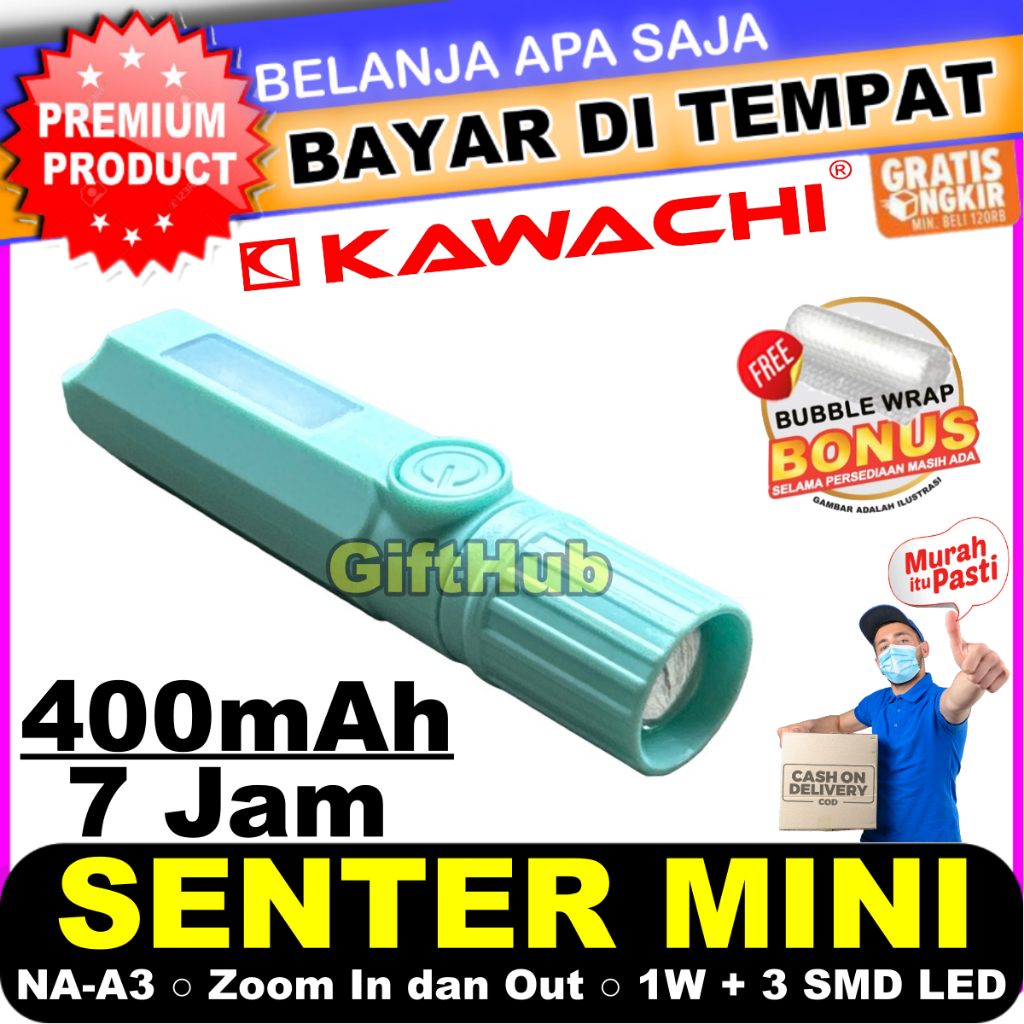 Kawachi Senter Tangan Mini NANO NA-A3 LED 1W + 3 SMD LED 1 Watt Hemat Energi Pocket Light Isi Ulang 