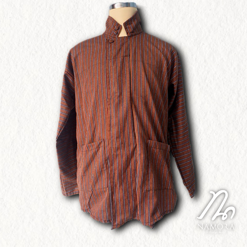 Baju Surjan Lurik Pakaian Adat Jawa Atasan Lengan Panjang Pria Dewasa Bata Lurik Kecil