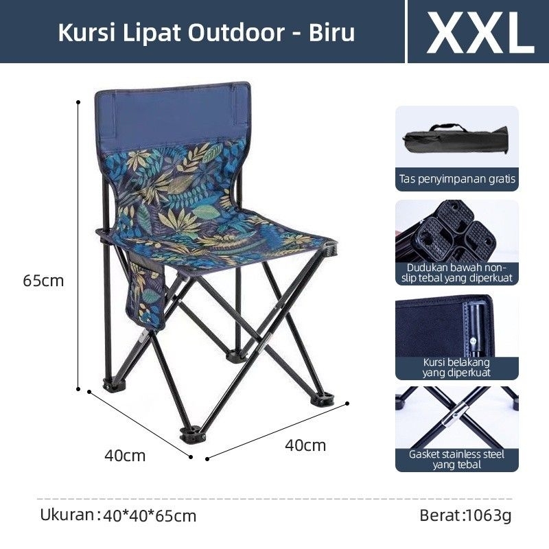 Kursi camping kursi  lipat outdoor ukuran XXL biru motif
