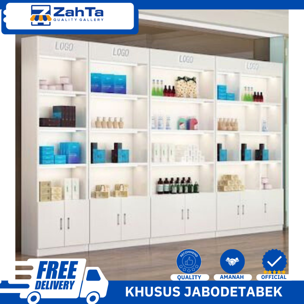 ZAHTA - RAK DISPLAY TOKO KOSMETIK PAKAI LAMPU LED & LOGO STIKER