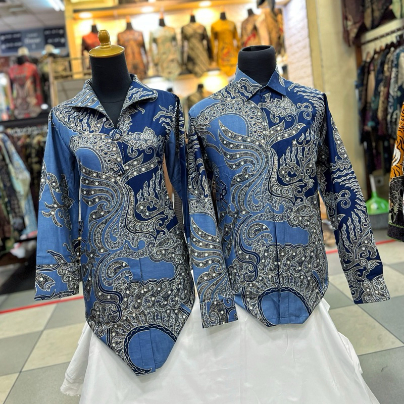 denim kombinasi biru dongker Couple batik pria dan wanita warna biru Denim kombinasi biru dongker