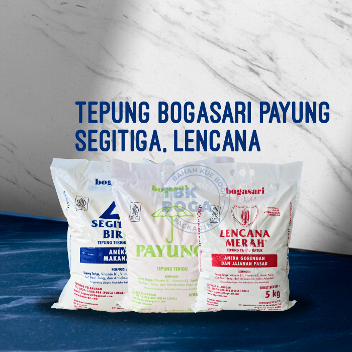 

Tepung Terigu 5 Kg ( Segitiga Biru, Payung, Lencana Merah ) Bogasari Protein Sedang Rendah Wheat