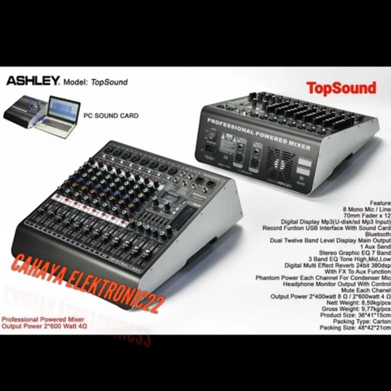 Power Mixer Ashley TopSound Original 8 Channel Bluetooth - PC Soundcard