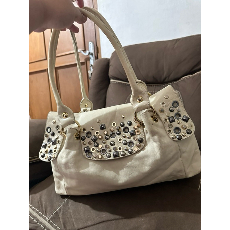 tas pesta kulit lembut, stood lengkap, brand Roberta gandolfi bag, warna kuning lembut