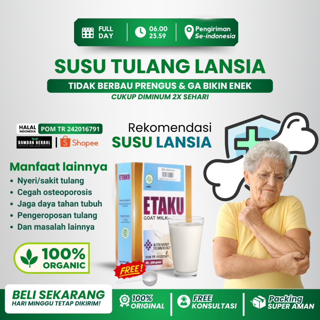 

Susu Nutrisi Tulang Pada Lansia Etaku Goat Milk 200gr BPOM dan HALAL