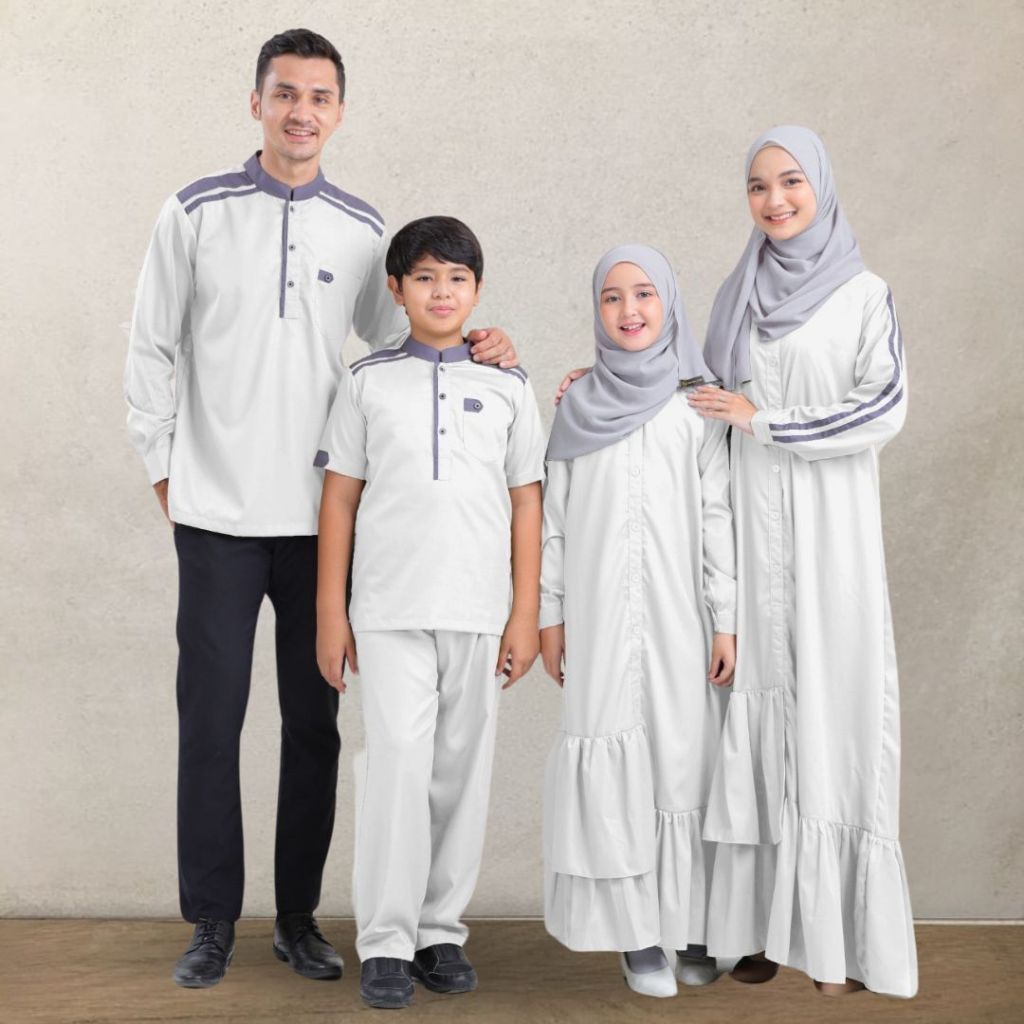 Nayera Sarimbit Keluarga Baju Couple Muslim Daily Premium Warna Putih Baju Koko Gamis Dewasa