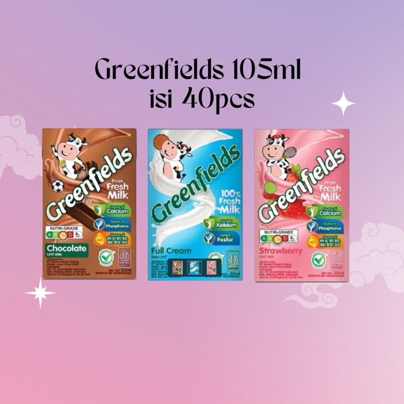 

Susu UHT Greenfields 105ml Fullcream Strawberry Chocomalt karton dus isi 40 EXP MINIMAL JUNI-2025