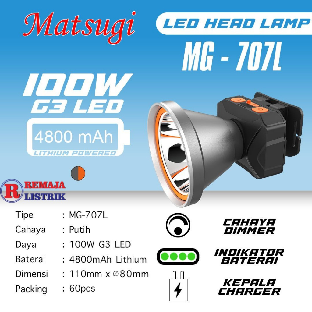 Senter Kepala Led Zoom Super Terang HeadLamp Matsugi MG - 707L 100 Watt Body Besi