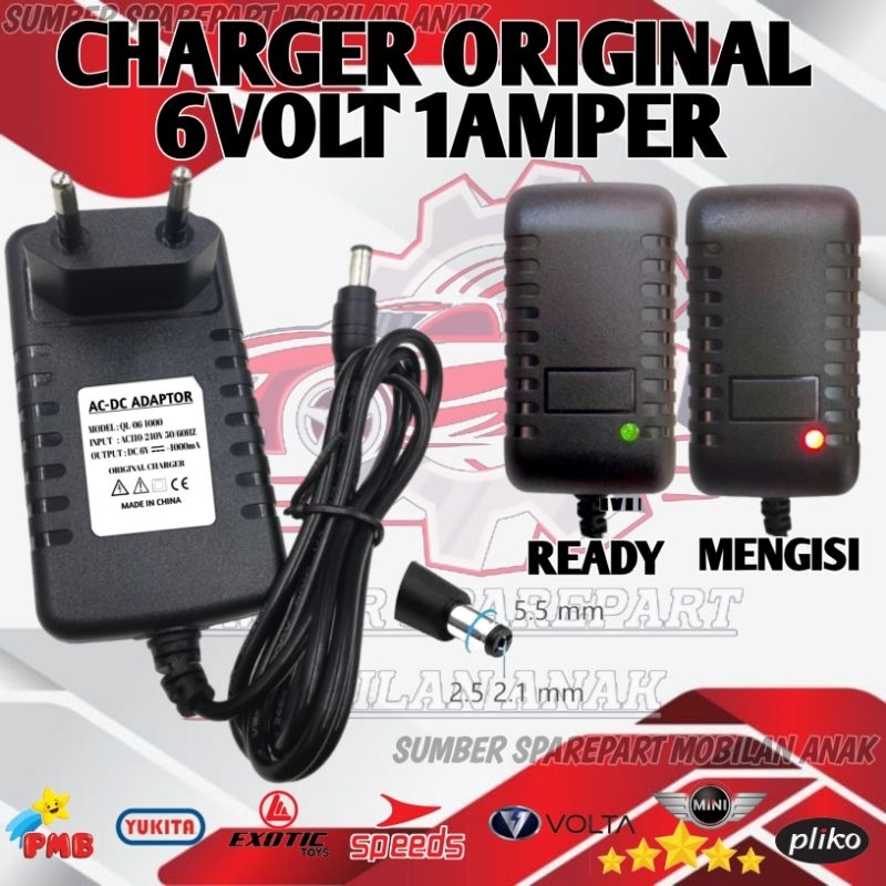 ADAPTOR CHARGER CAS 6VOLT MOBIL MOBILAN AKI ANAK MOTOR MOTORAN AKI ANAK PLIKO YUKITA PMB MINI SPEEDS