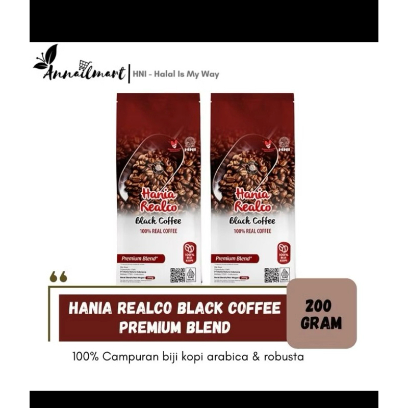 

hania realco black coffe premium blend 100% biji kopi arabica dan robusta