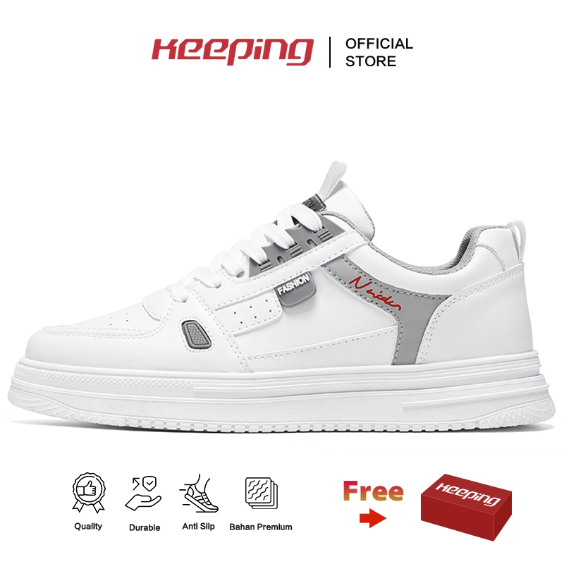 Keeping Sepatu Pria Sneakers Sepatu Casual Cowok Putih Outdoor Kulit Sepatu Kasual Jogging KSR137