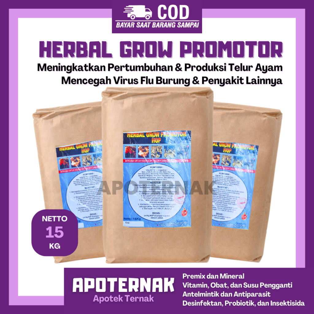 HERBAL GROW PROMOTOR 1 Sak 15 Kg - Meningkatkan Pertumbuhan Ruminansia dan Unggas | HGP Jamu Ayam Ja