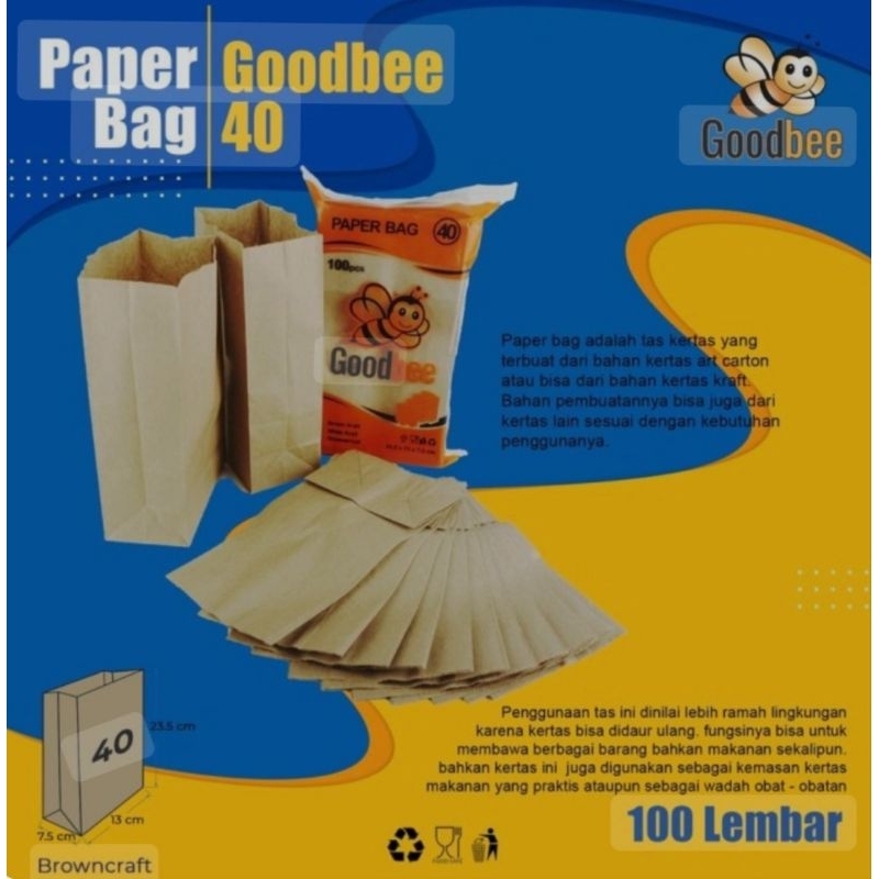 

PAPER BAG GOODBEE KODE 40 - BROWN KRAFT - KANTONG KERTAS GOODBEE - ISI 100 LEMBAR